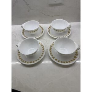 Vintage Set of 4 Corelle Butterfly Gold Hook Handle Coffee Tea Cups /Saucers